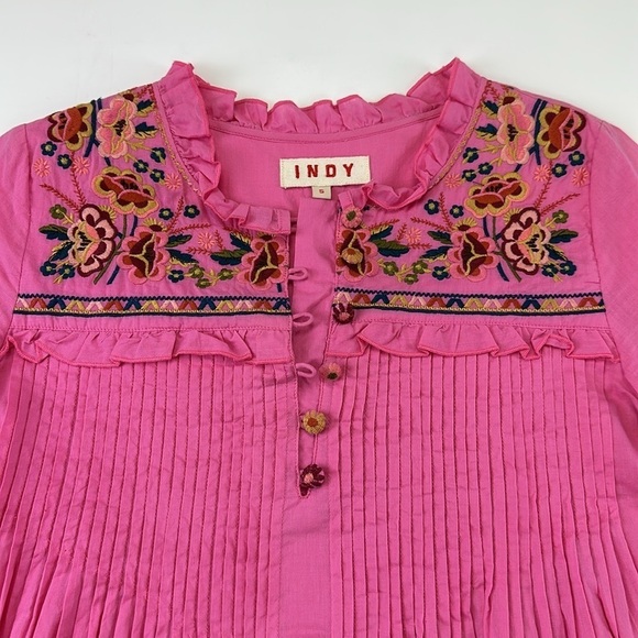 Indy pink embroidered cotton bohemian short sleeve dress Large - Picture 2 of 7